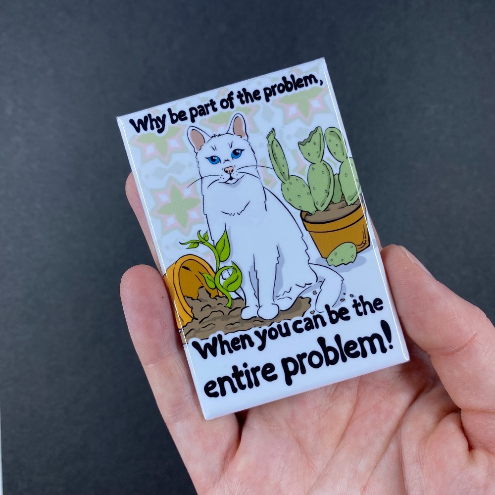 White Cat & Plants Magnet, Funny Pet Portrait Decor Gift Handmade 2x3"